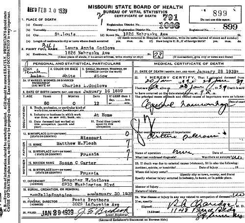 46b Death Certificate - Laura Annie (Flesh) Godlove