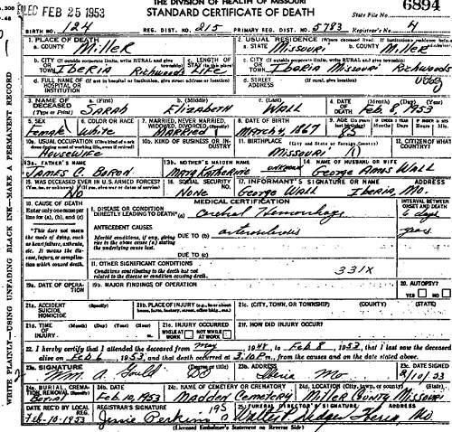 24 Sarah Elizabeth Wall Death Certificate